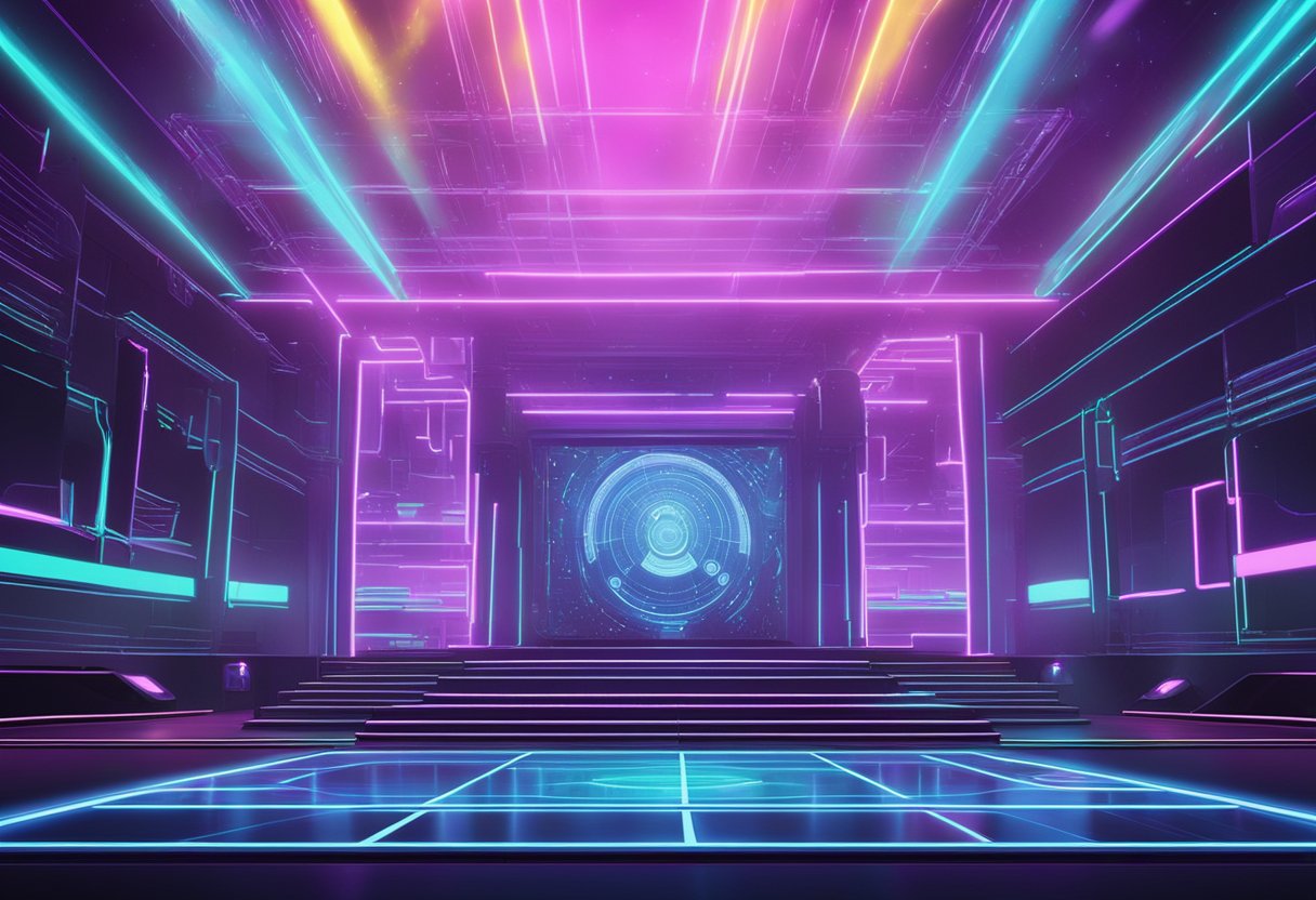 A futuristic stage with holographic screens and neon lights, showcasing the aftermath of Alex's disappearance on The Jubal Show