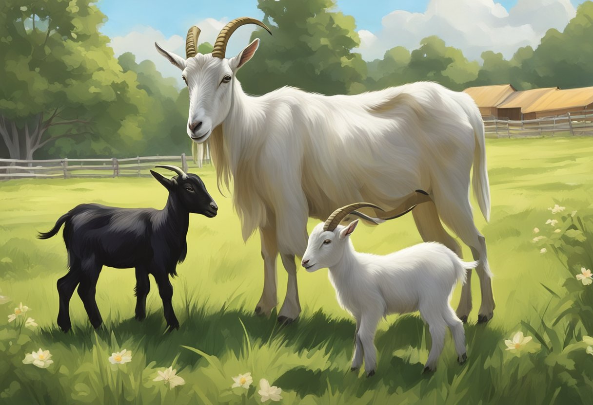 Goats grazing in a lush pasture, with a mother goat nursing her kid and another goat being milked by a farmer