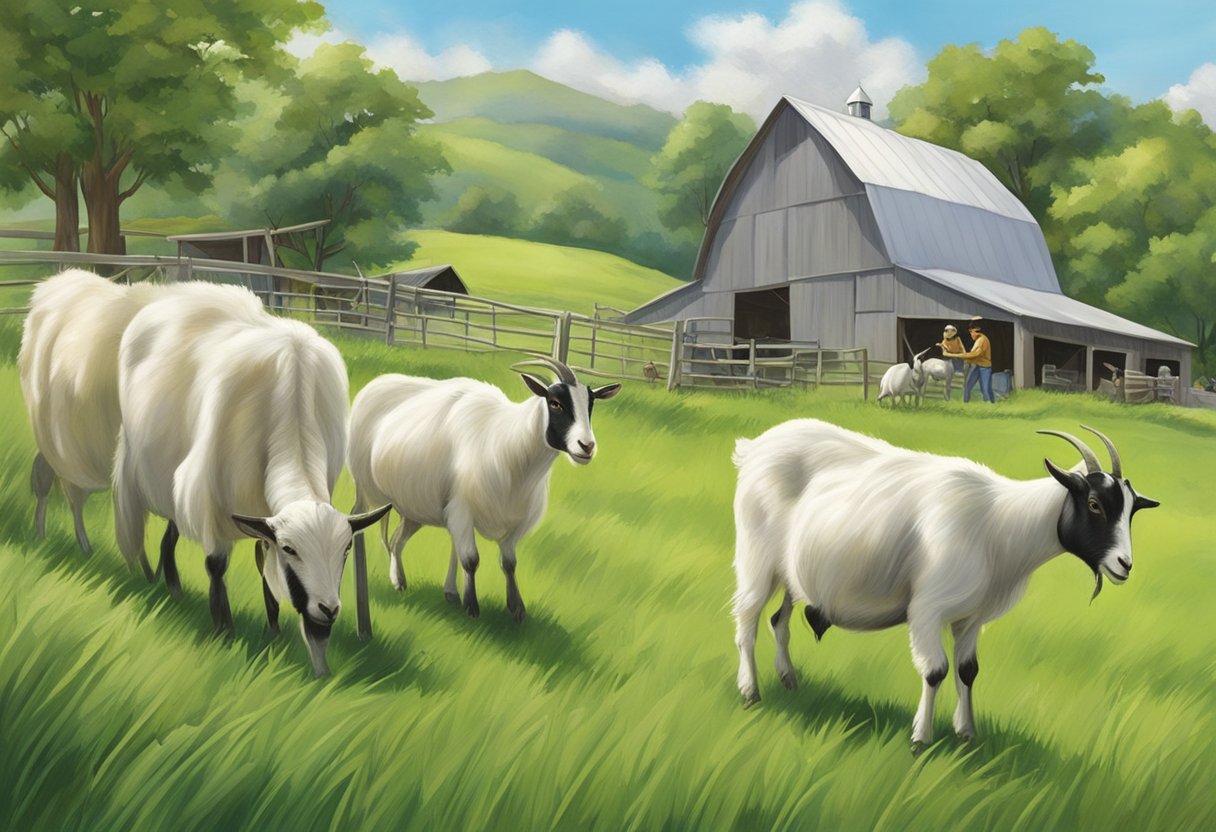 Goats grazing in a lush green pasture, with a barn in the background and a farmer setting up milking equipment