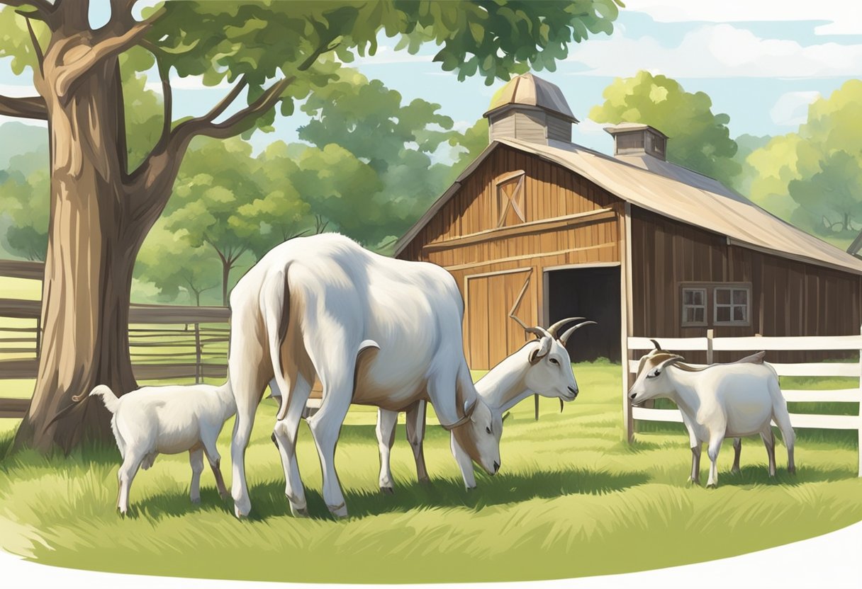 Goats grazing in a lush, open field with a barn in the background. A farmer milking a goat in a clean, well-organized milking parlor