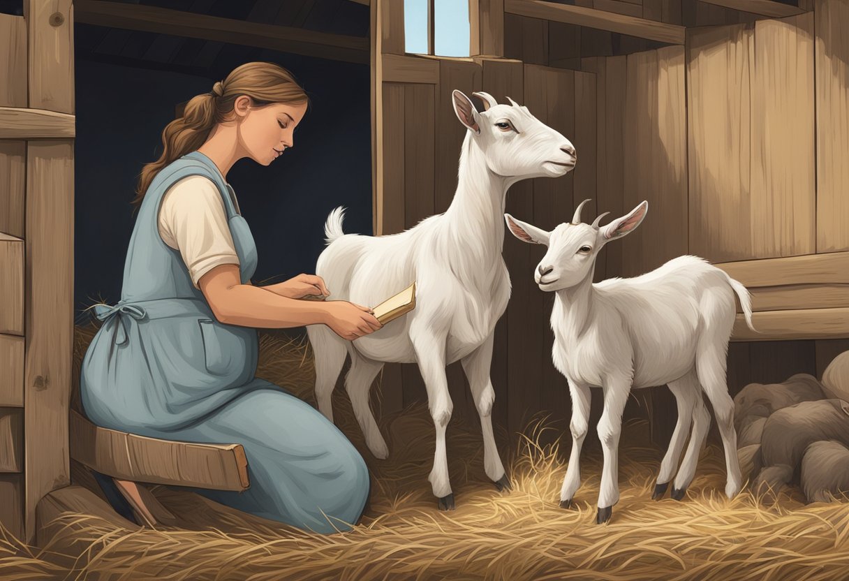 A pregnant goat stands in a barn, while another goat nurses her kids. A farmer observes, holding a book titled "How to Breed Goats for Milk."