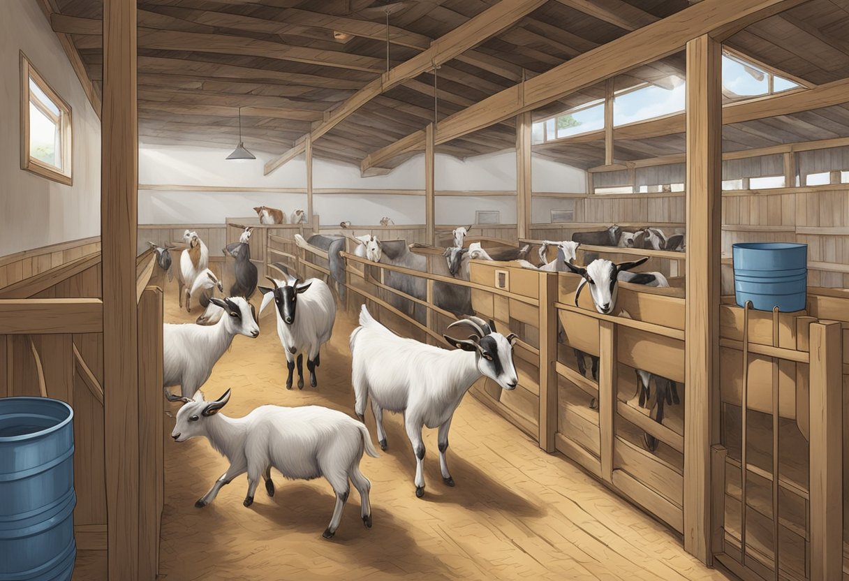 Goats being bred and milked in a clean and organized barn setting