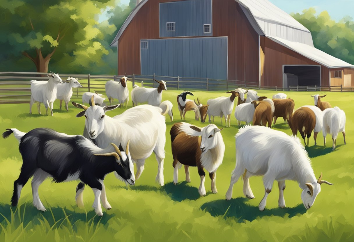 A group of healthy goats grazing in a spacious, green pasture, with a clean and well-maintained barn in the background