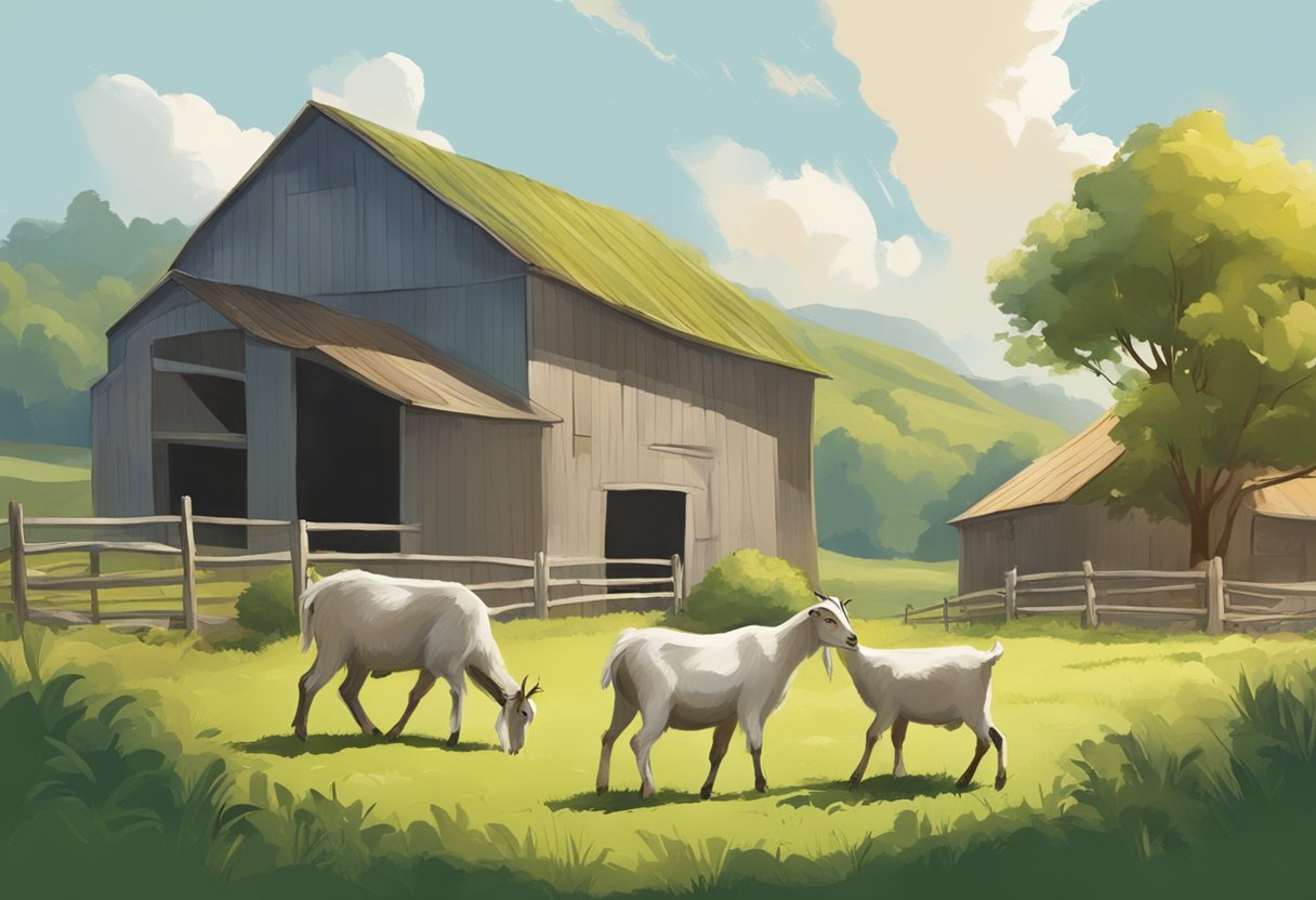 Goats graze in a lush pasture, a barn in the background. A farmer milks a goat while others graze nearby