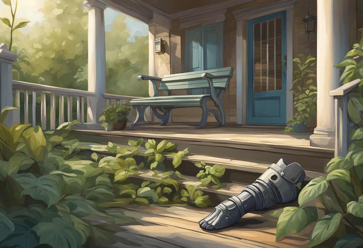 A prosthetic leg lies abandoned on the porch, surrounded by overgrown plants and neglected house