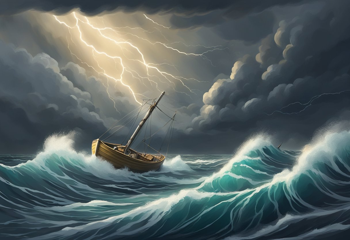 A stormy sea with a small boat tossed by waves, dark clouds overhead, and lightning striking in the distance