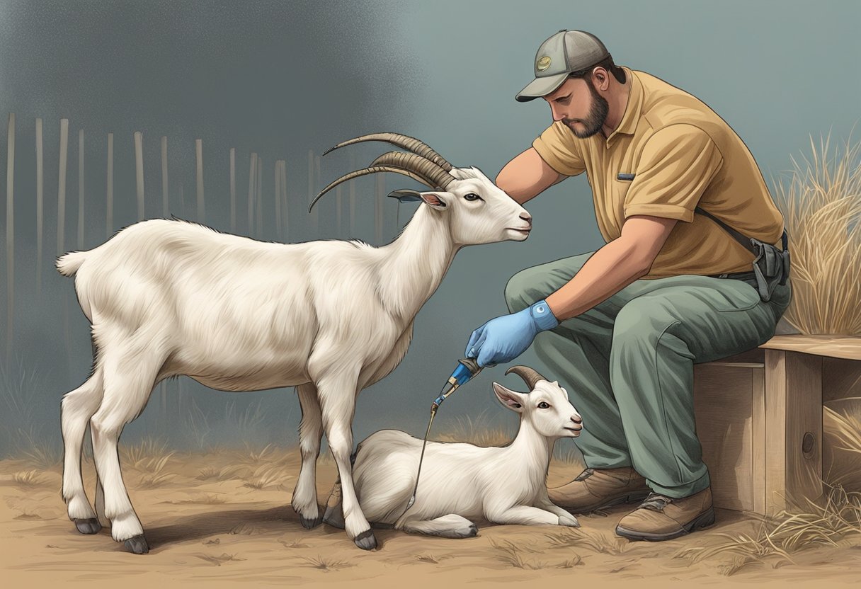 A goat breeder inserts a straw of goat semen into a doe's reproductive tract using a specialized insemination gun