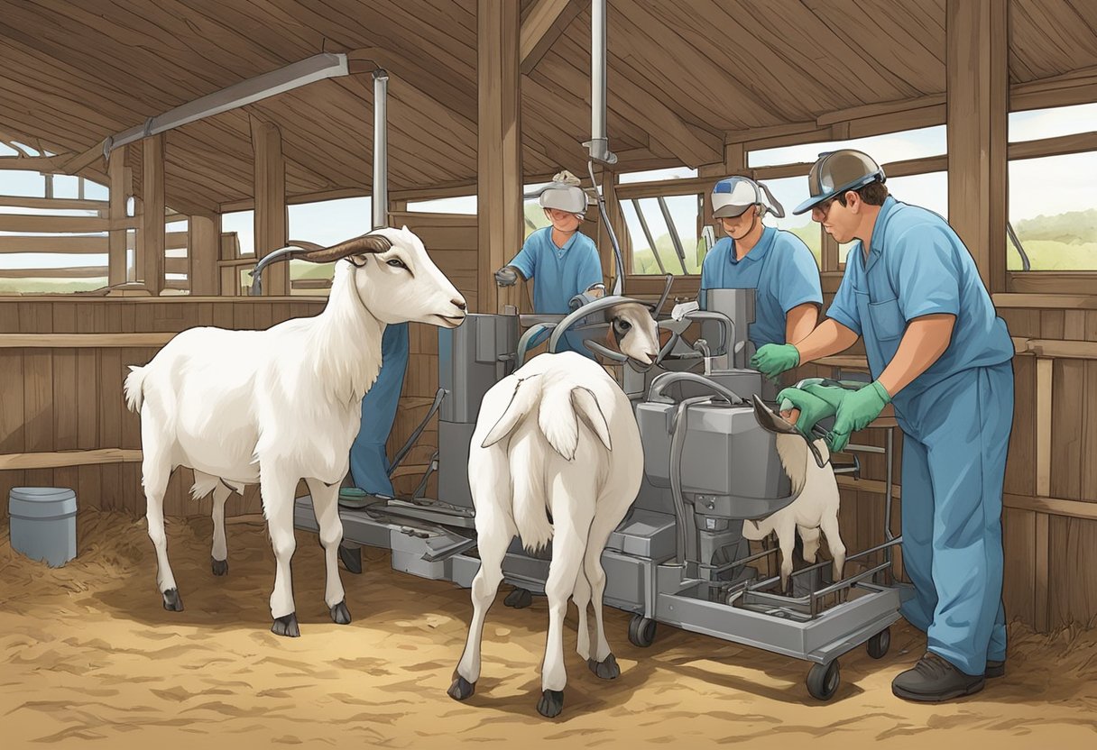 Goats being artificially inseminated in a barn setting with equipment and technicians present