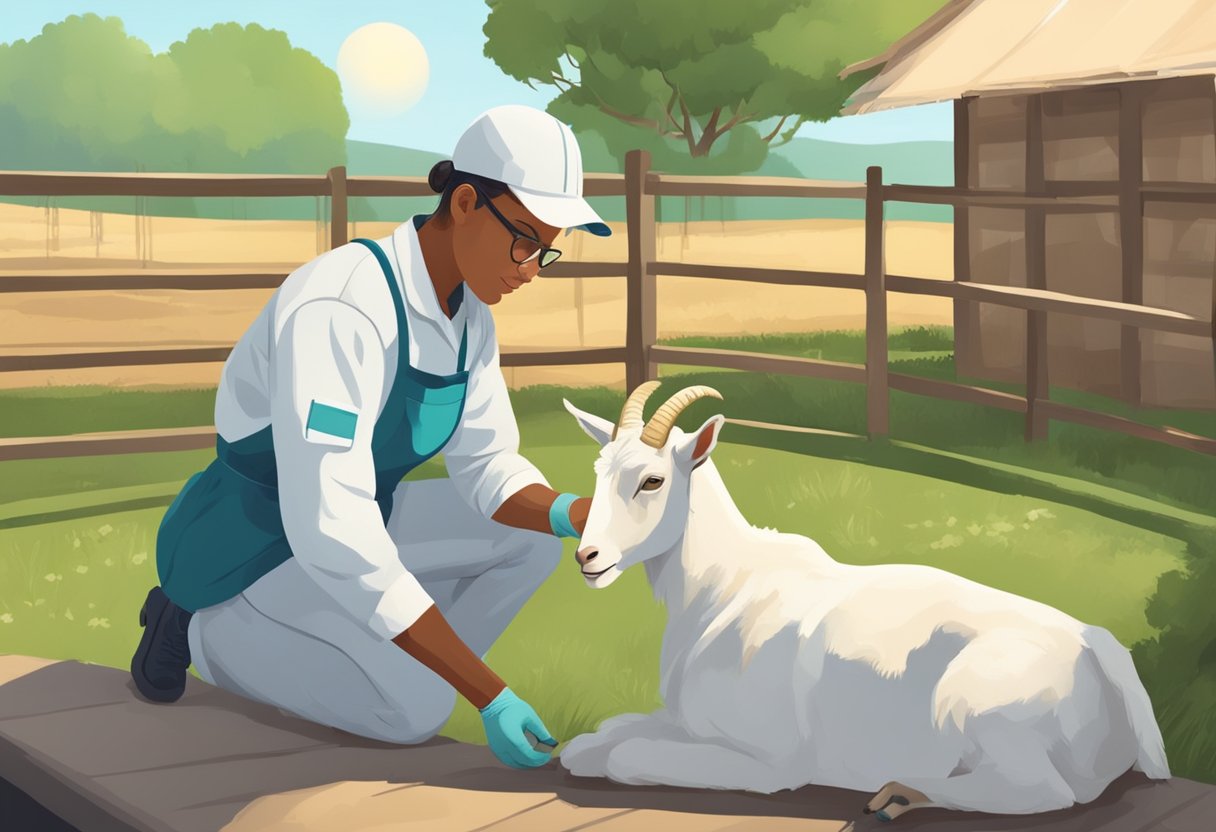 A sunny day on a goat farm, with a vet performing artificial insemination on a female goat. The scene depicts the timing and seasonality of the process