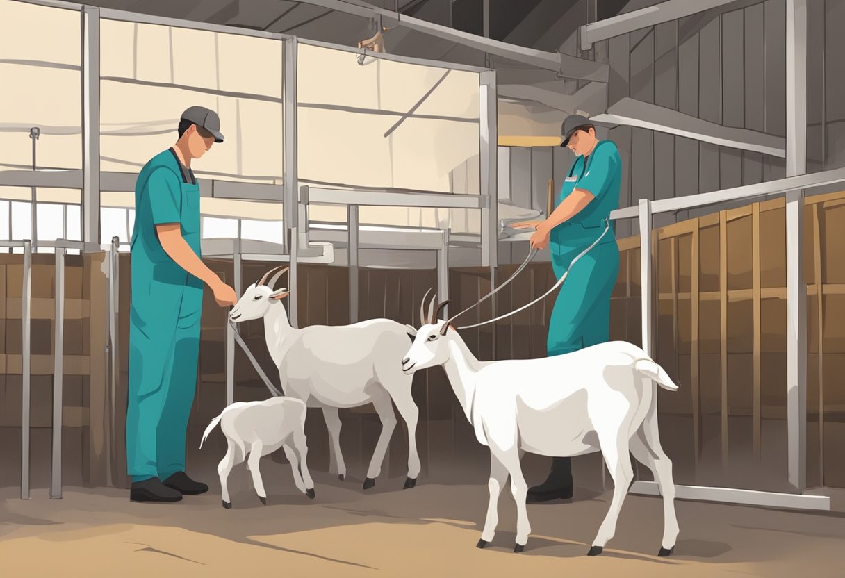 Goats being artificially inseminated in a barn with a veterinarian overseeing the process. Challenges include proper timing and technique for successful breeding