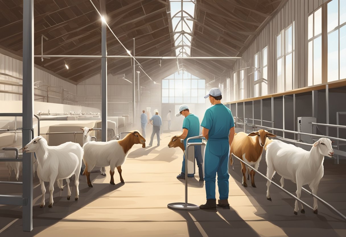 Goats lined up for artificial insemination in a clean, well-lit barn with a technician preparing equipment