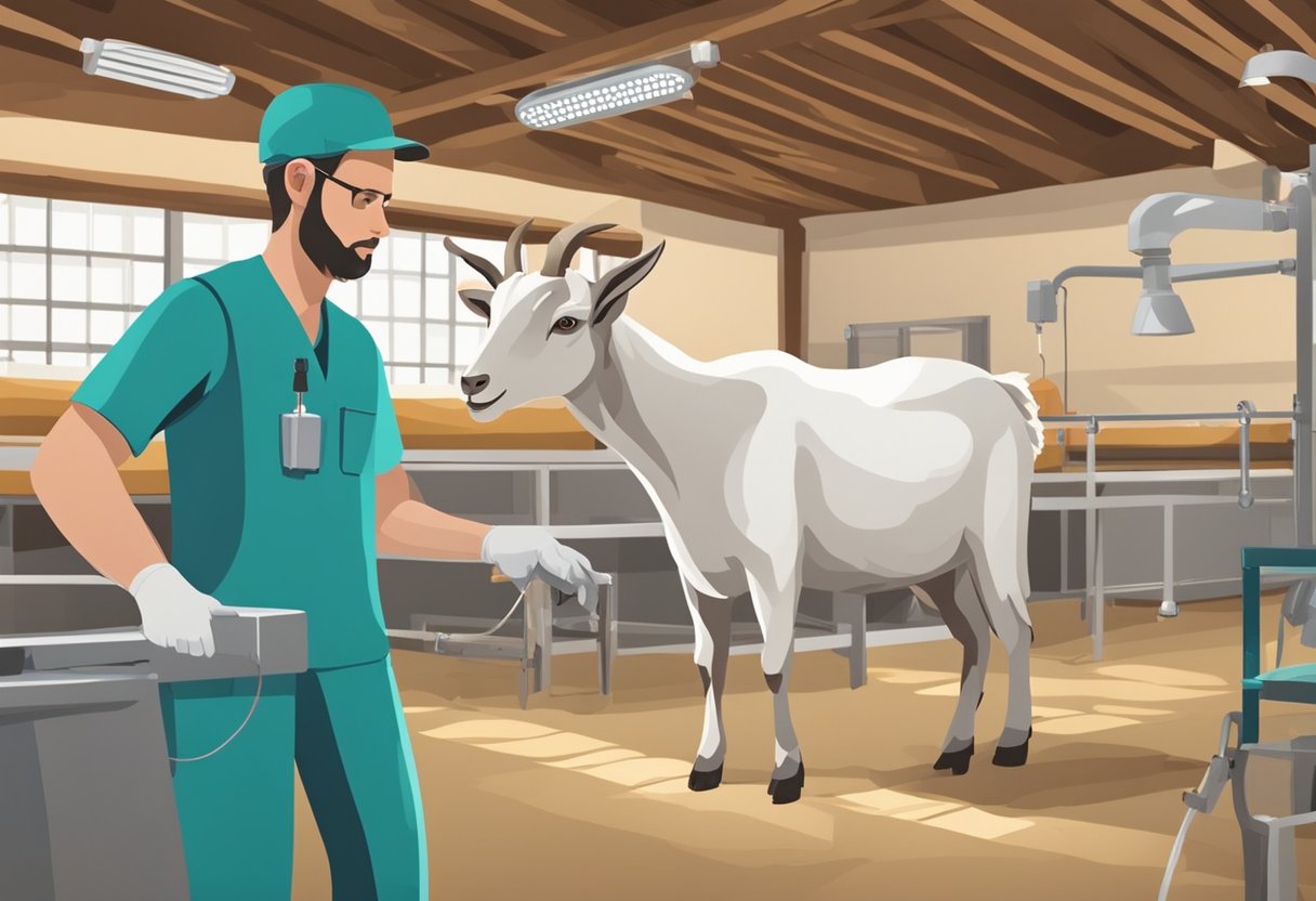 Goats in a barn, with a technician performing artificial insemination on a goat. Equipment and supplies for the procedure are visible