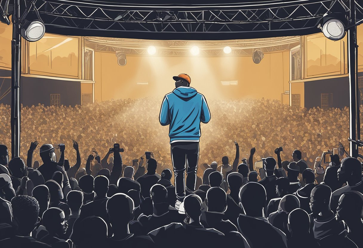 Lud Foe's disappearance: empty stage, spotlight on a lone mic, crowd murmuring, posters fluttering, and a sense of mystery in the air