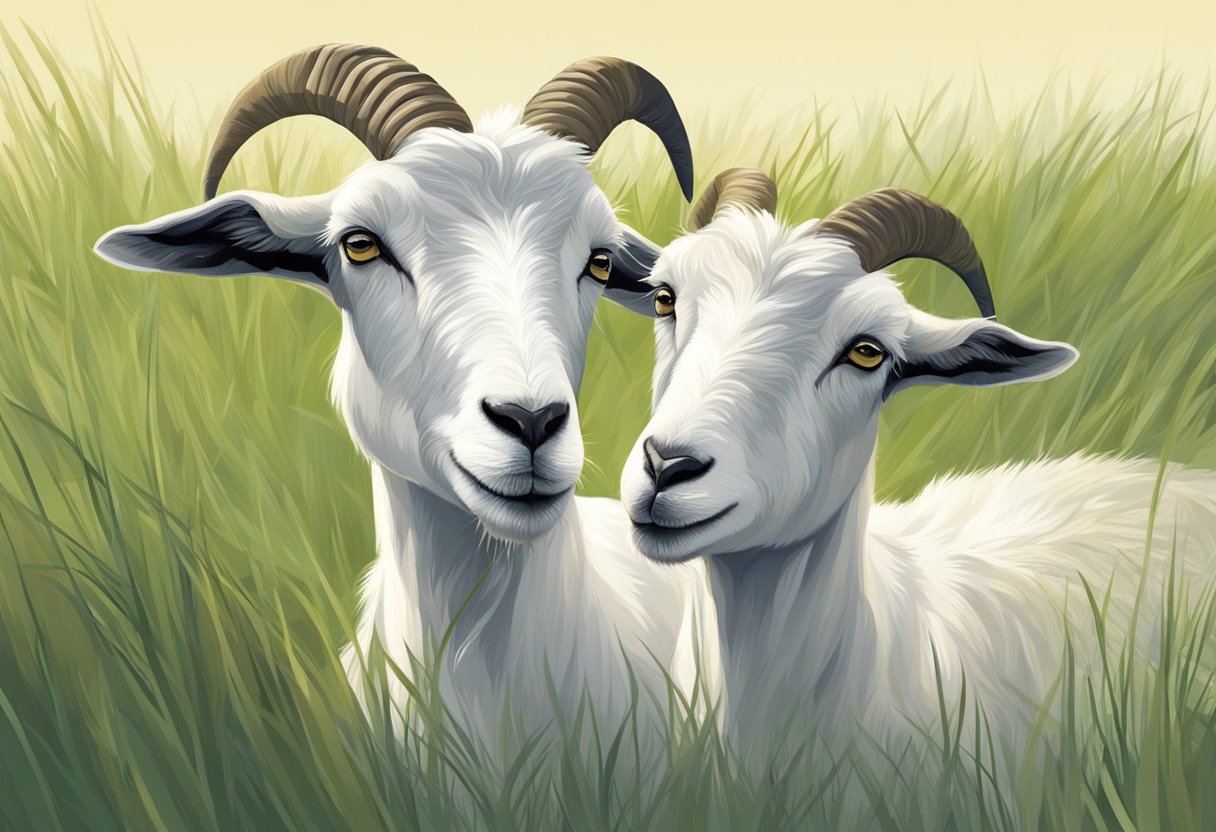 Two goats in a grassy field, one male and one female, standing close together with the male goat nuzzling the female