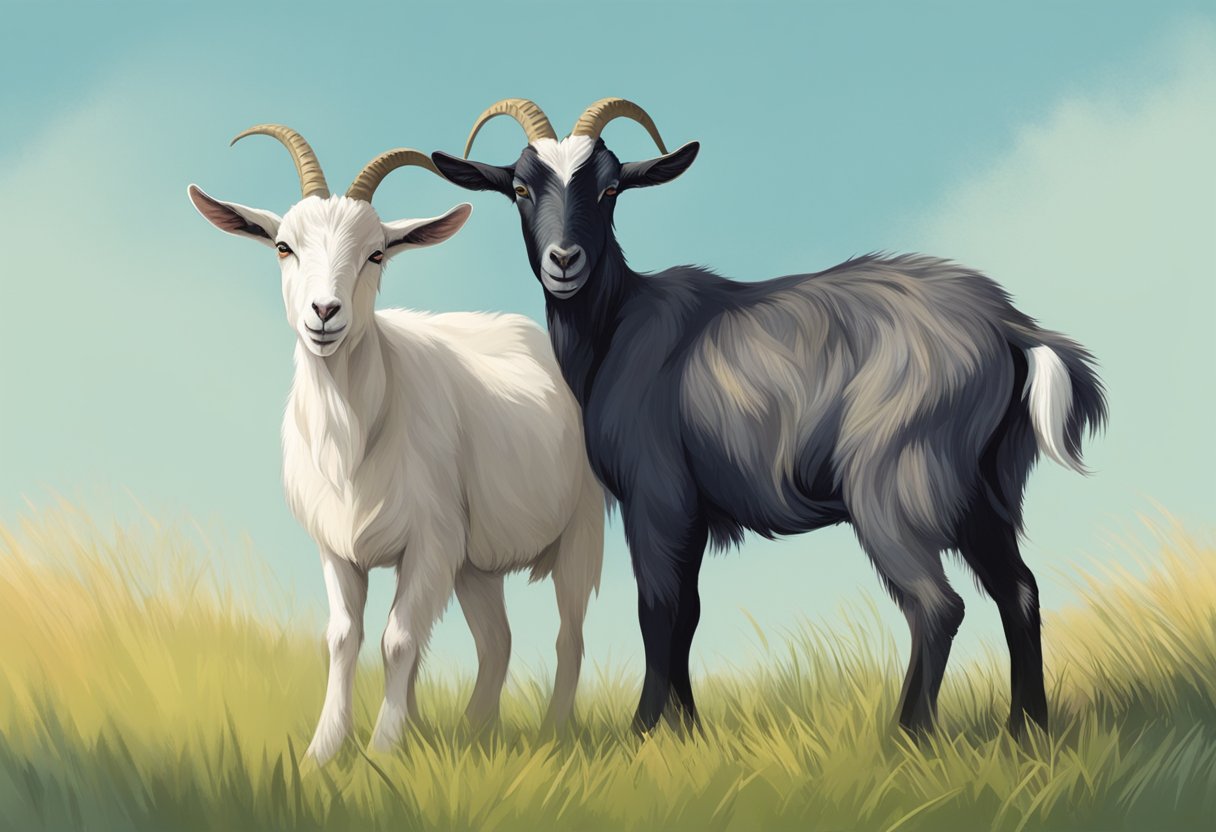 Two goats in a grassy field, one male and one female, standing close together with the male nuzzling the female's neck