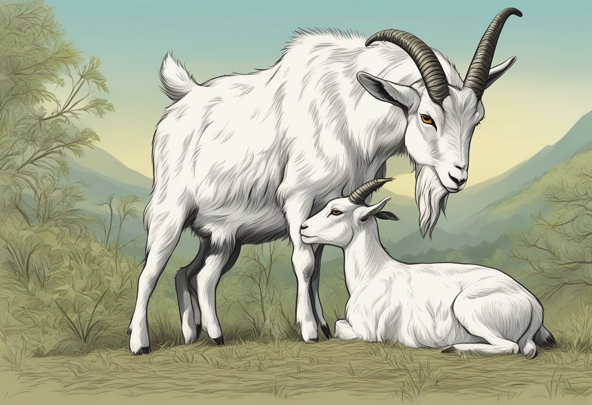 A female goat is in estrus, signaling readiness for breeding. A male goat, or buck, is seen displaying mating behavior towards the female