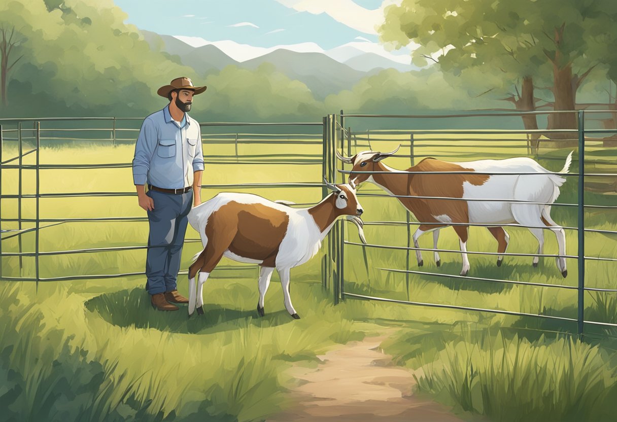 Goats breeding: A doe and buck in a fenced pasture, with a handler observing. The buck is displaying mating behavior towards the doe