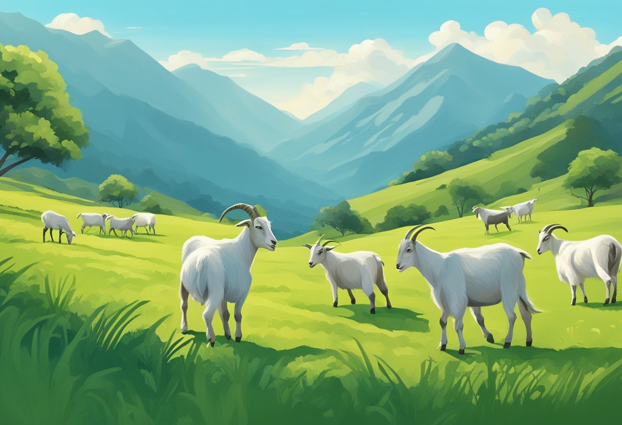 Goats grazing in a lush, green pasture, with a backdrop of mountains and clear blue sky. A farmer carefully selects and pairs goats for breeding