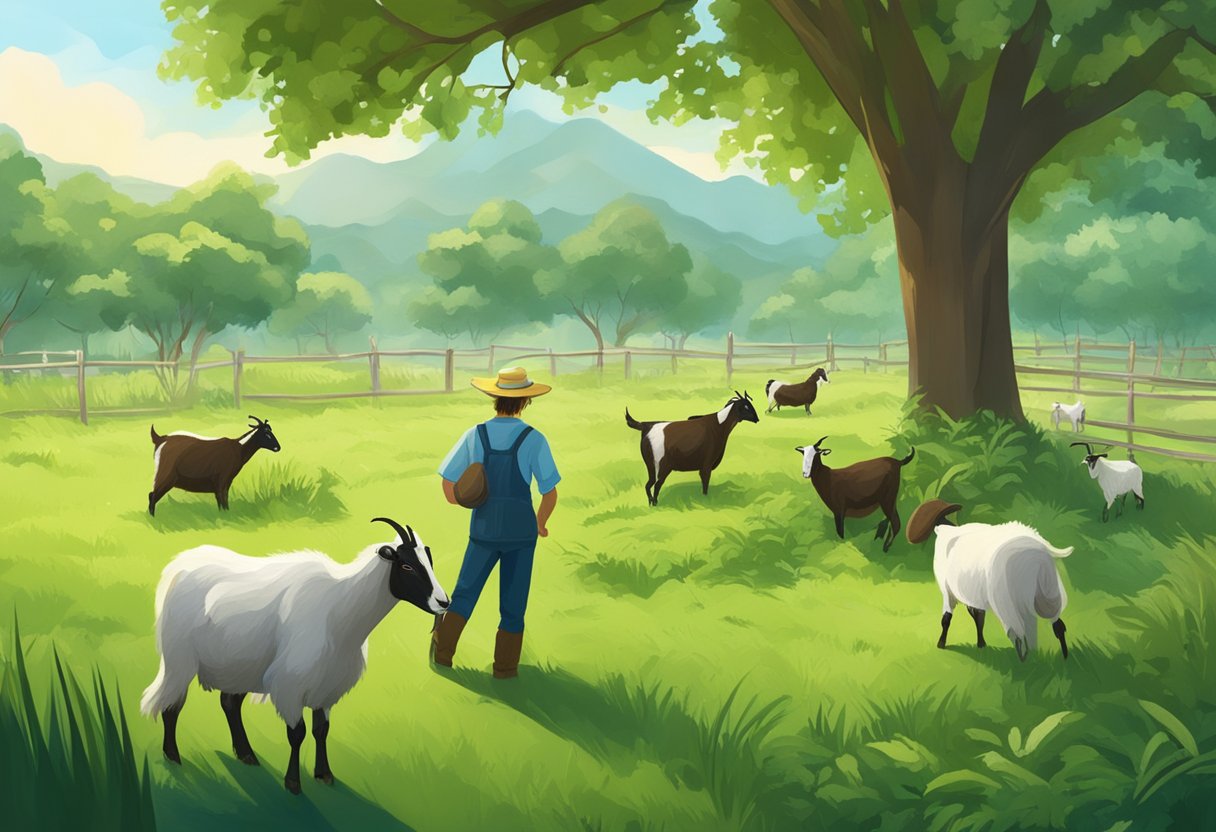 Goats grazing in a lush, green pasture, surrounded by trees and other vegetation. A farmer tending to the goats, with a focus on their role in sustainable agriculture