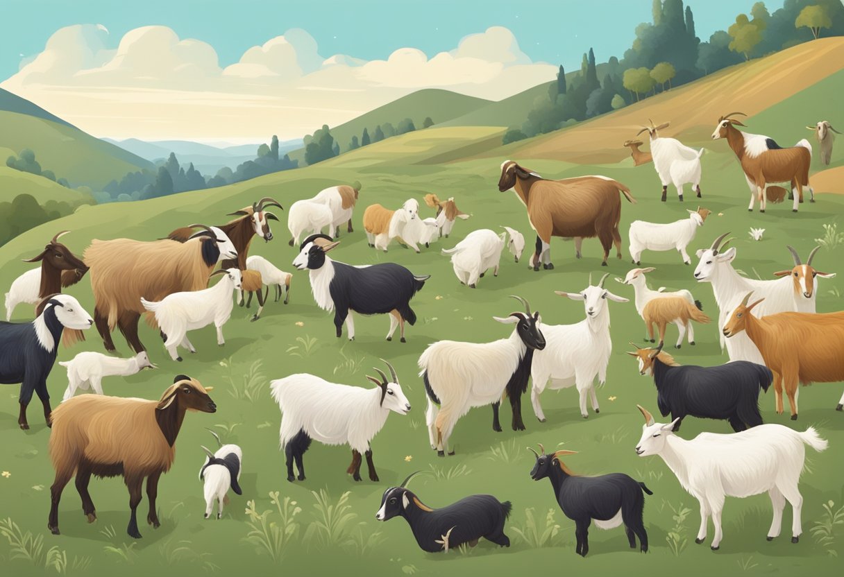 Goats grazing in a hilly landscape, with a diverse group of goats of different ages and breeds. Some goats are nursing kids, while others are being tended to by breeders