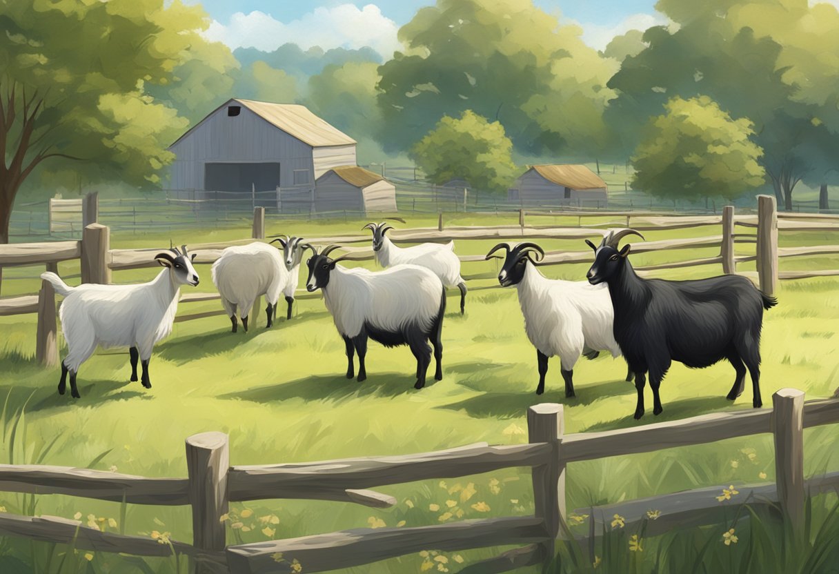 A mature goat stands in a fenced pasture, surrounded by other goats. The scene depicts a peaceful and natural setting, with the focus on the mature goat, suggesting the topic of goat breeding