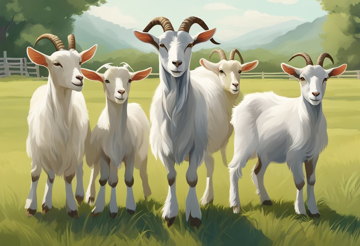 A group of goats of varying ages stand in a spacious, grassy field. The older goats are observed to be in their prime breeding ages, while the younger goats are still maturing