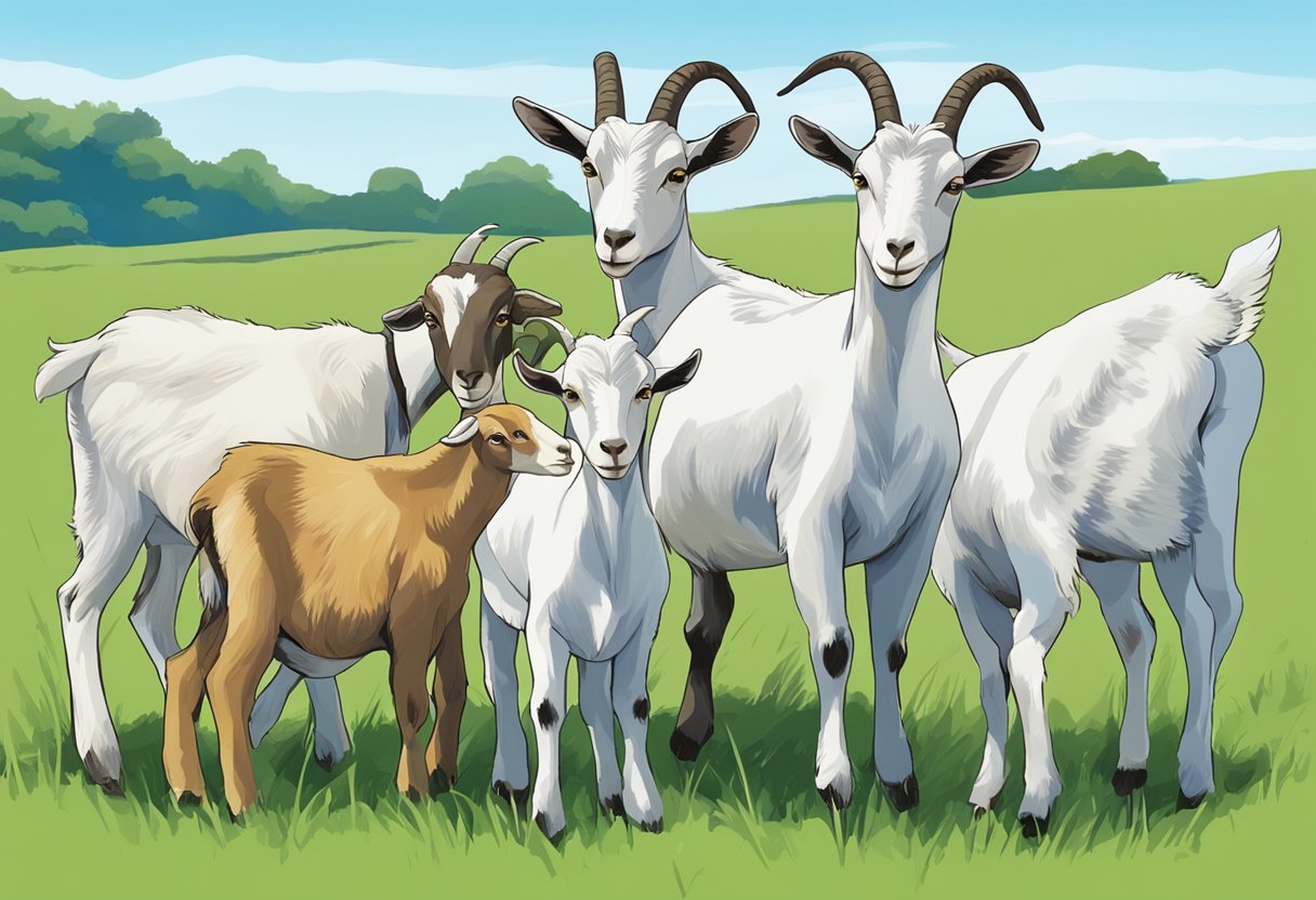 A group of goats of various ages grazing in a lush green pasture, with a clear blue sky in the background