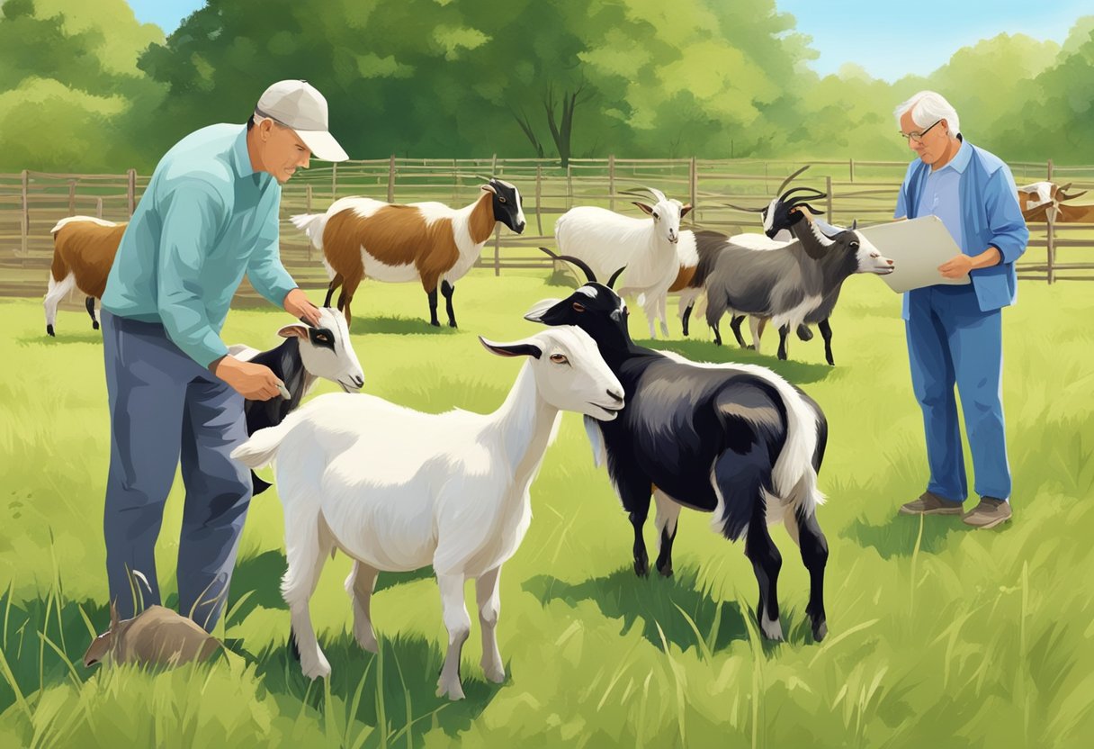 A group of goats of various ages graze in a spacious and well-maintained pasture, with a knowledgeable goat breeder observing and evaluating their physical condition and behavior