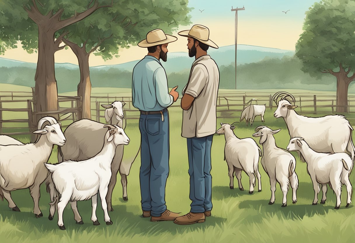 A group of goats of varying ages standing in a pasture, with a knowledgeable farmer in the background observing and taking notes on breeding considerations