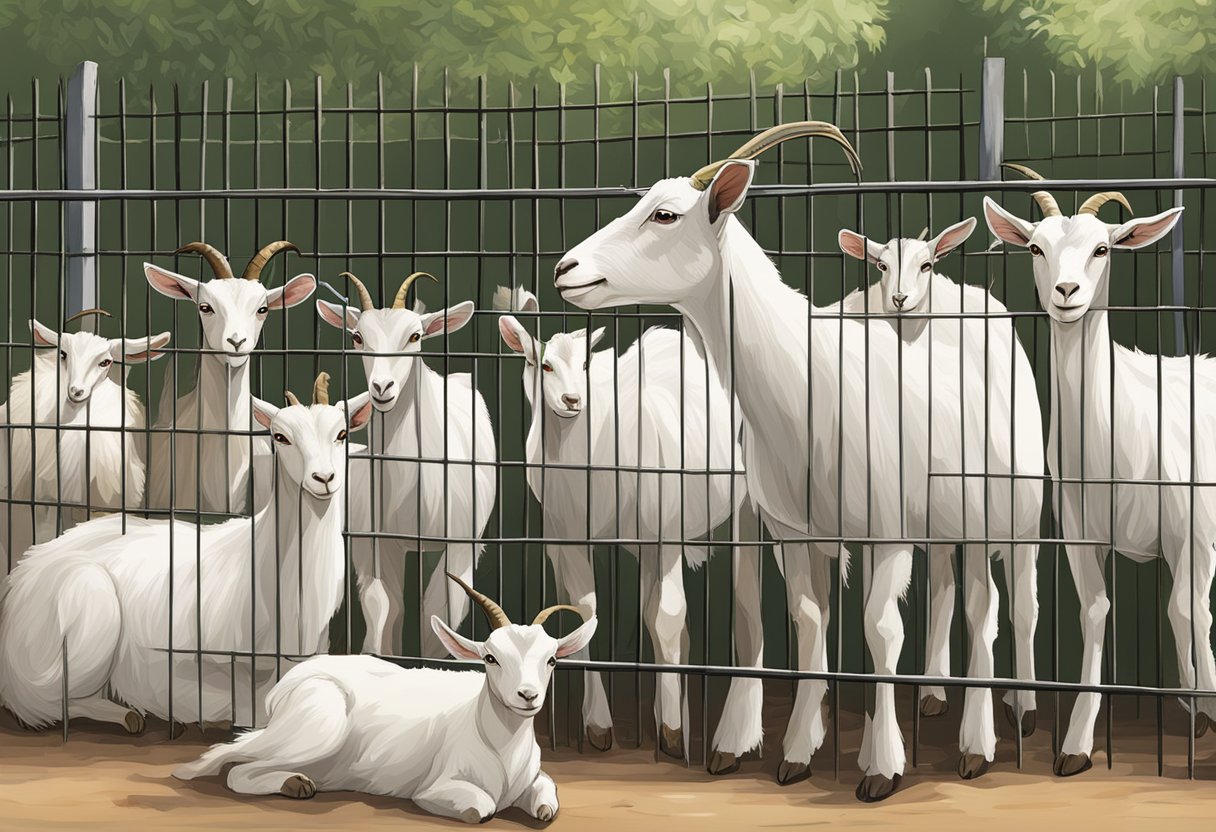 A group of goats, including both males and females, are gathered in a fenced area. The female goats are being carefully monitored for signs of pregnancy, while the males are kept separate to prevent further breeding