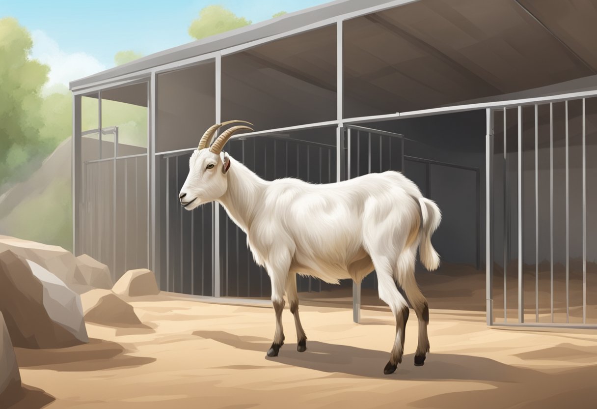 A mature goat stands in a spacious, clean enclosure. A veterinarian checks its health and age. The scene exudes professionalism and ethical breeding practices