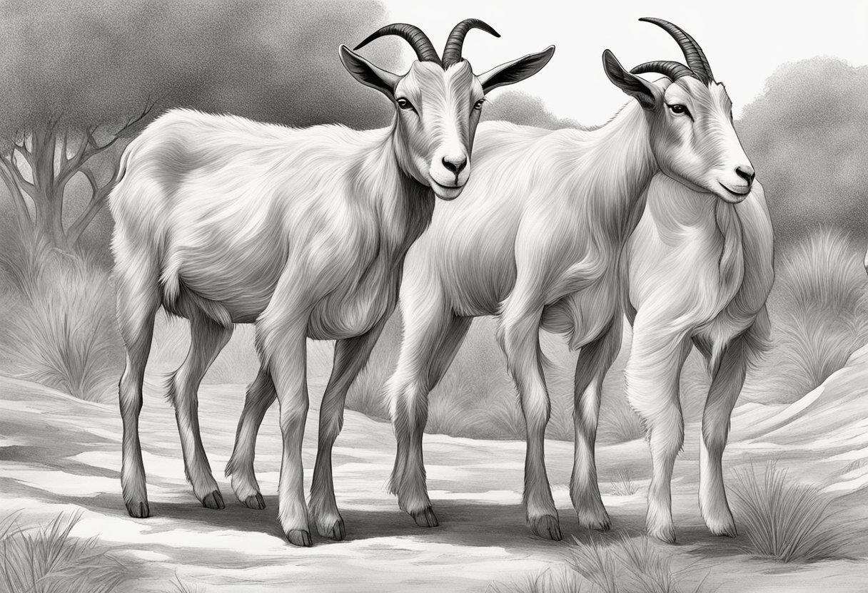 Goats in heat: Females exhibit restlessness, frequent urination, and swollen vulvas. Males display increased sexual activity, vocalization, and scent marking