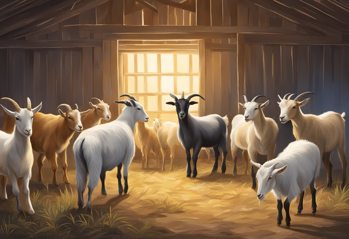 Goats in a barn, one goat exhibiting signs of heat, others observing