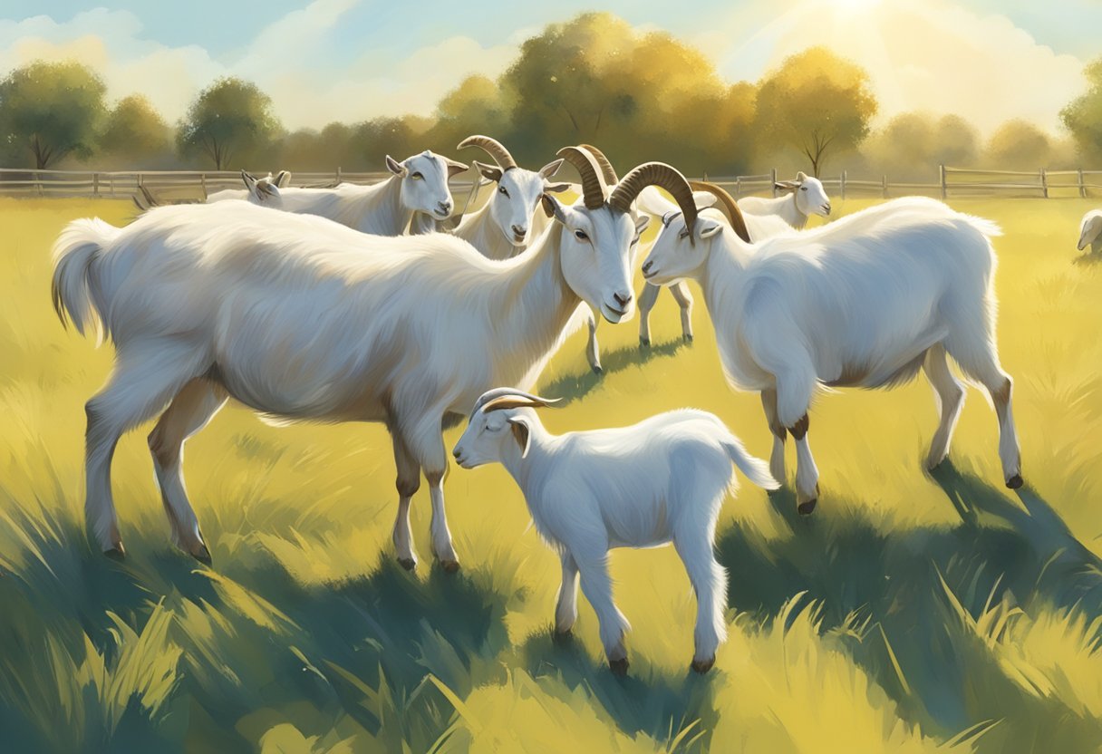 Goats grazing in a sunlit pasture, some displaying signs of heat, while others rest or groom each other