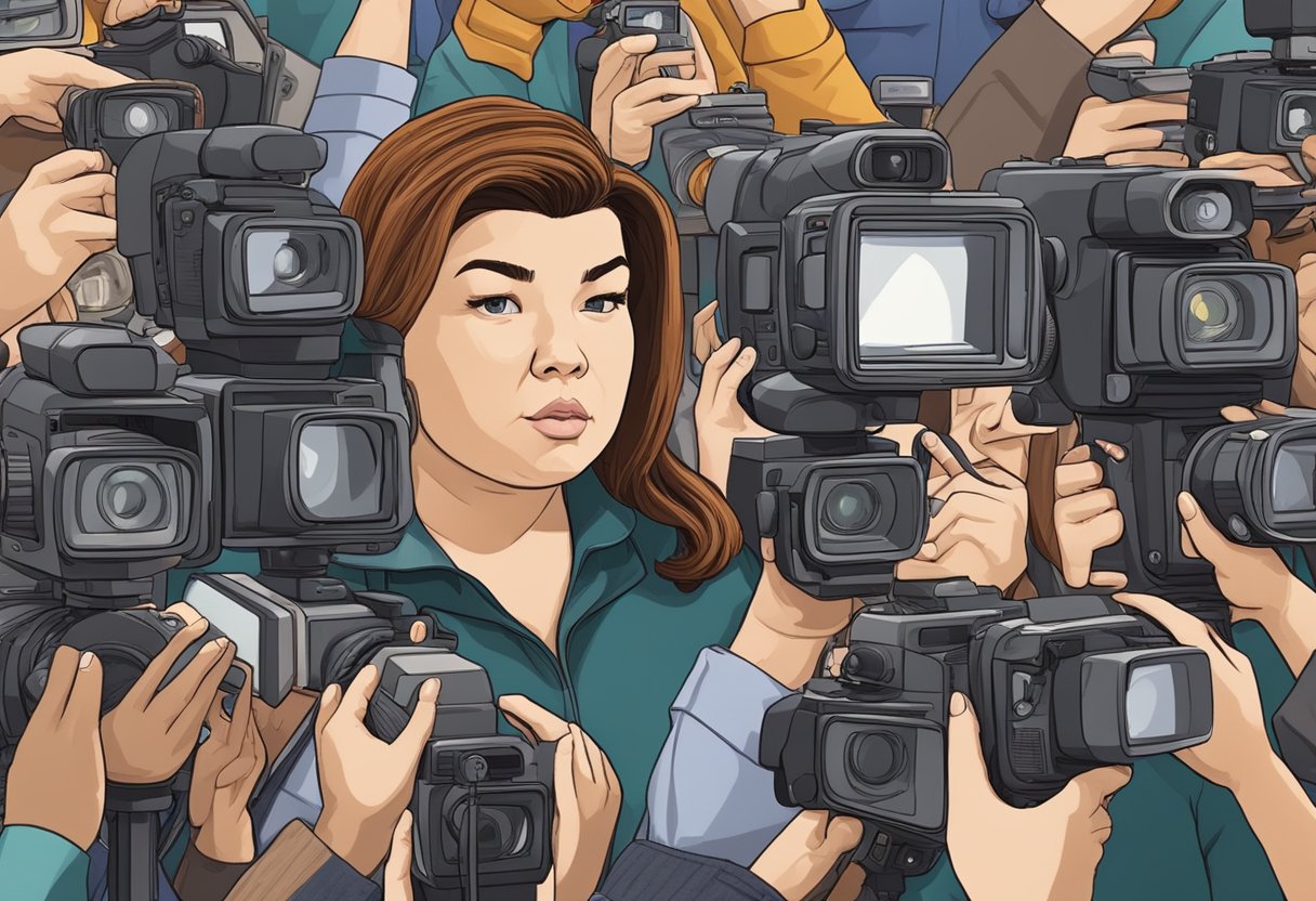 Amber Portwood's son in the media spotlight, surrounded by cameras and reporters, with a sense of public scrutiny and curiosity