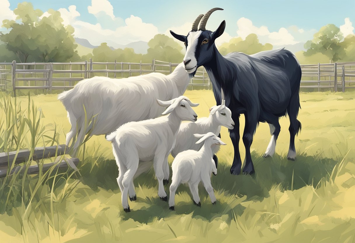 A farmer feeds a group of goats in a spacious, fenced-in pasture. A male goat is seen mating with a female goat, while another female goat nurses her newborn kid