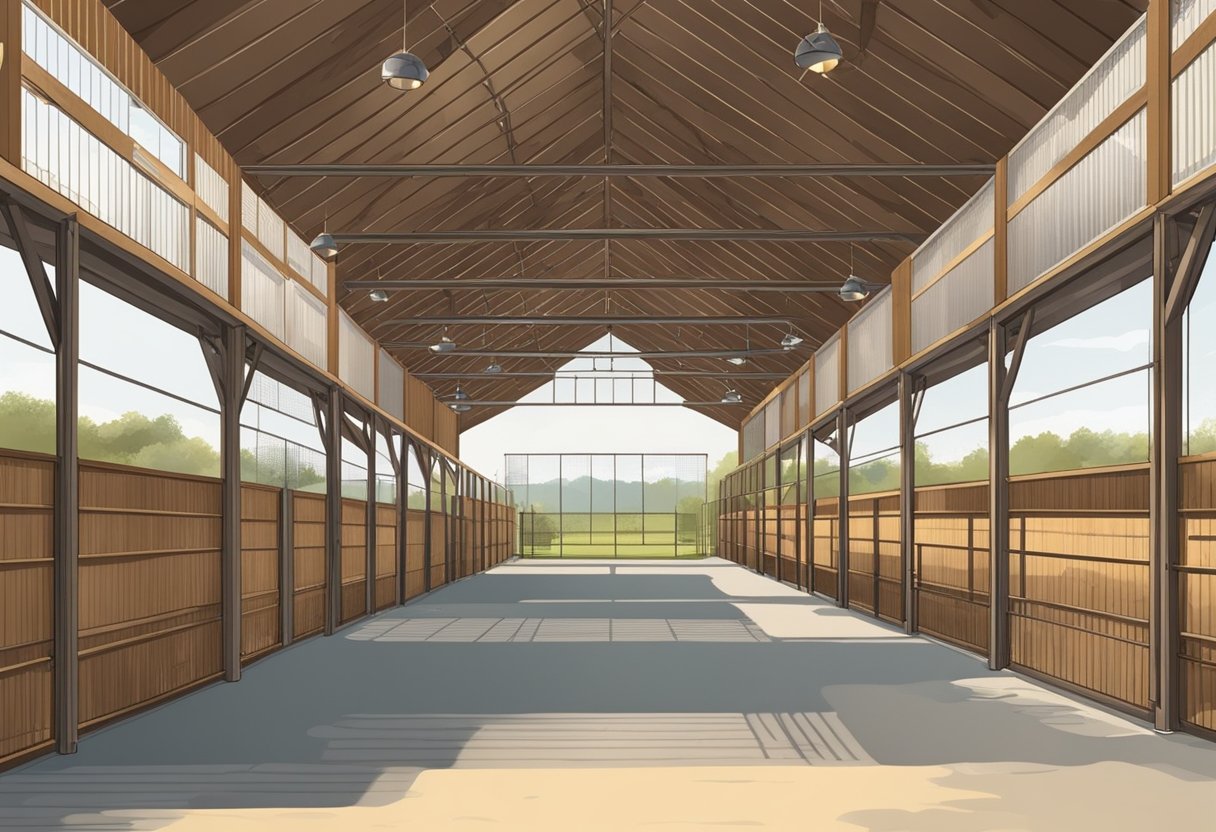 A spacious barn with clean, well-ventilated pens and feeding stations. Fencing and gates for separate breeding areas. Outdoor space for exercise and grazing