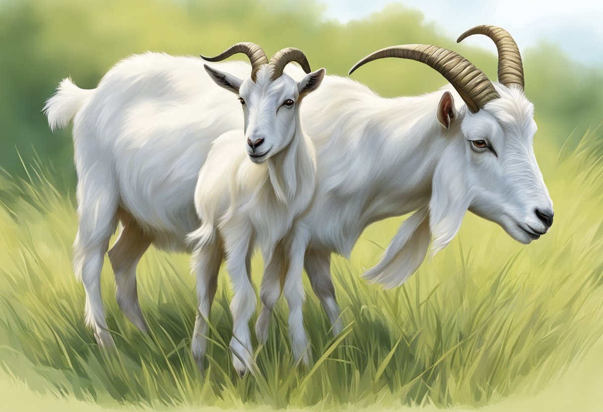 Goats mating in a grassy field, with a male goat mounting a female goat for breeding