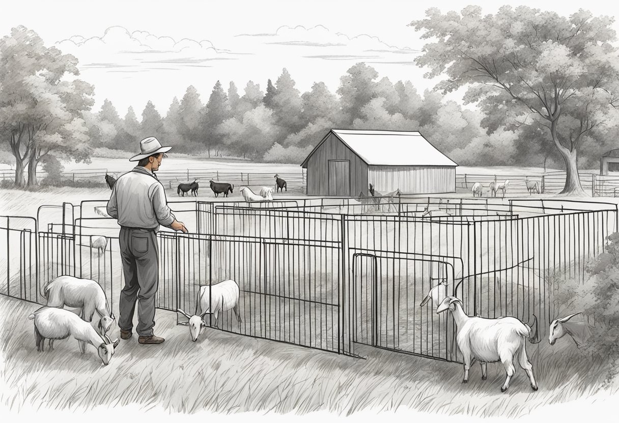 Goats grazing in a fenced pasture, with a shelter and feeding trough. A farmer checking on the goats and taking notes