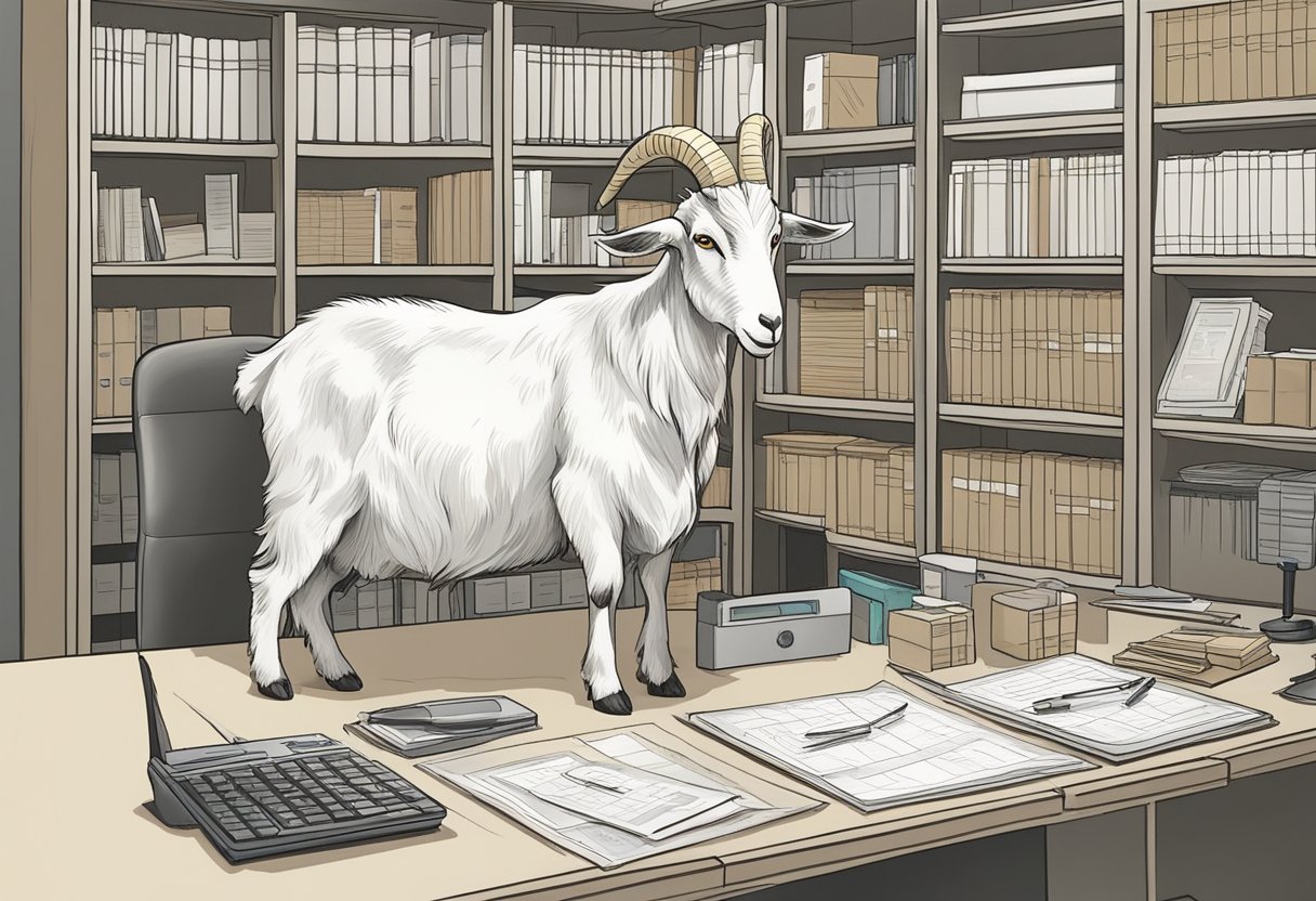 A goat breeder meticulously organizes and updates breeding records in a tidy, well-lit office space. Data management tools and resources are neatly arranged on the desk