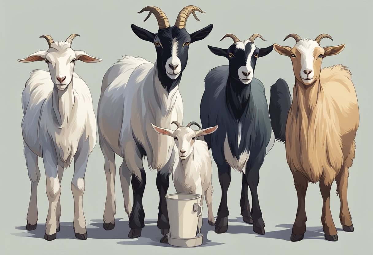 Goats of different breeds standing side by side, each with a bucket of milk next to them, illustrating the varying levels of milk production based on breed