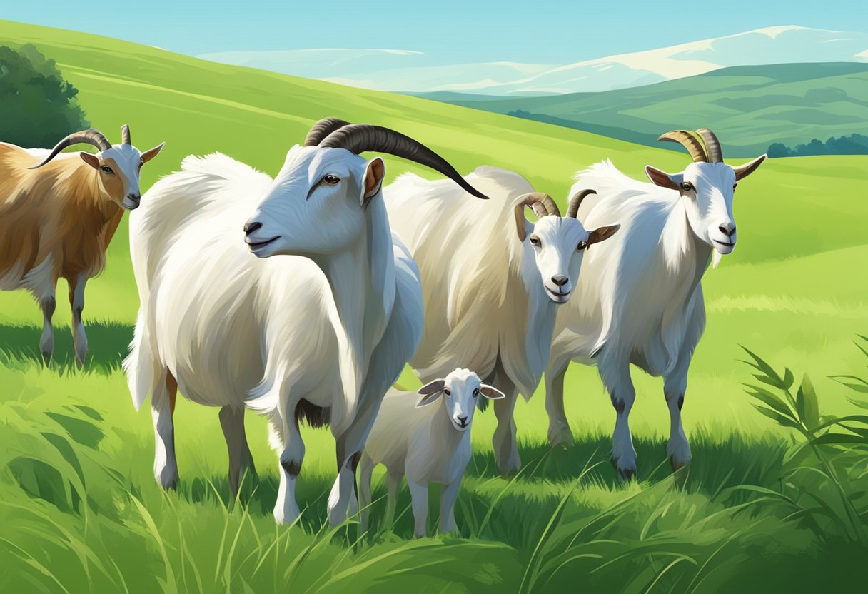 A group of dairy goats of different breeds grazing in a lush green pasture, with a backdrop of rolling hills and a clear blue sky