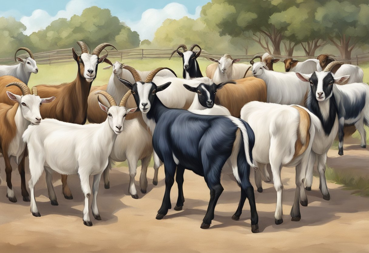 A group of goats of different breeds standing side by side, each with a full udder, being milked by a person