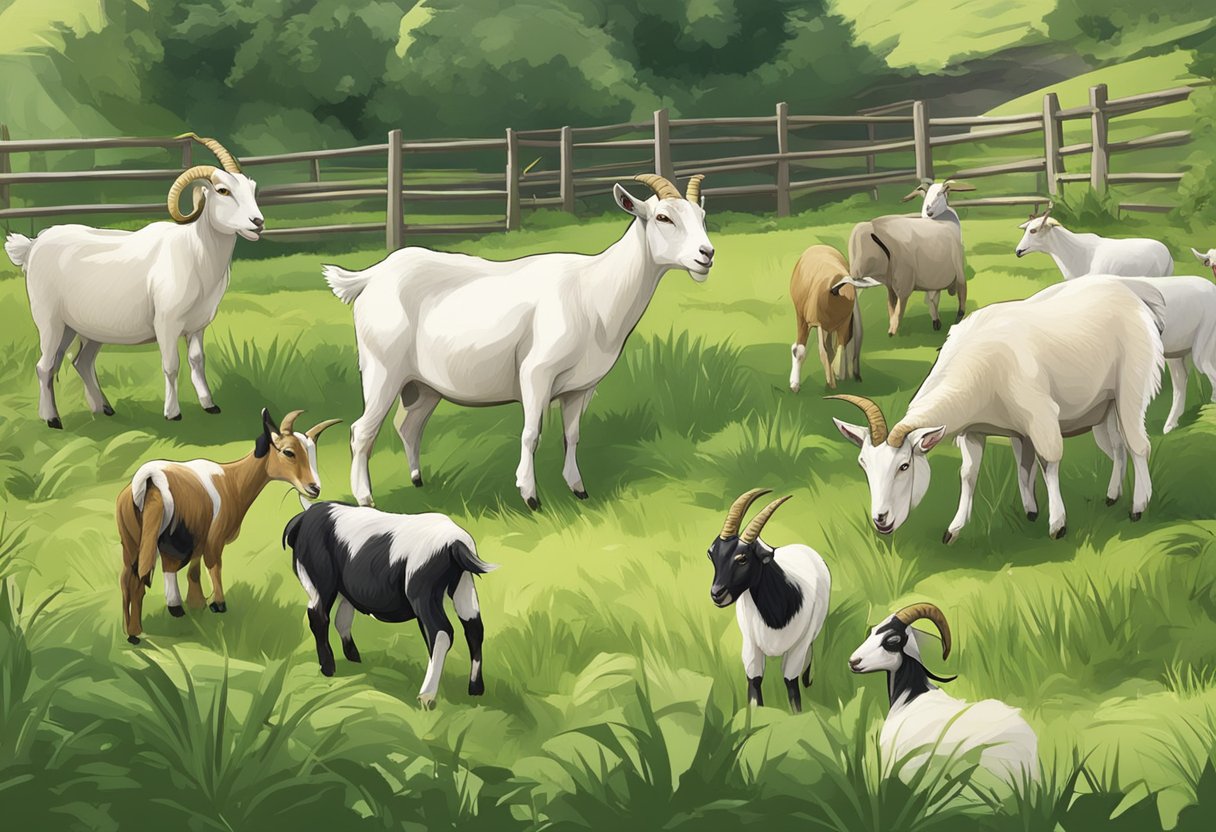 Goats of different breeds grazing in a lush pasture, with one group producing more milk