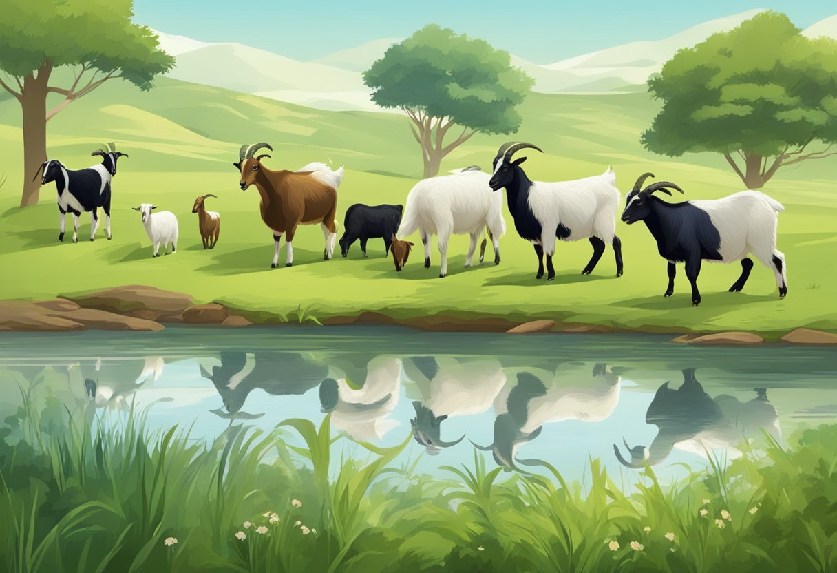 Goats of different breeds grazing in lush pastures, with ample access to clean water and proper shelter