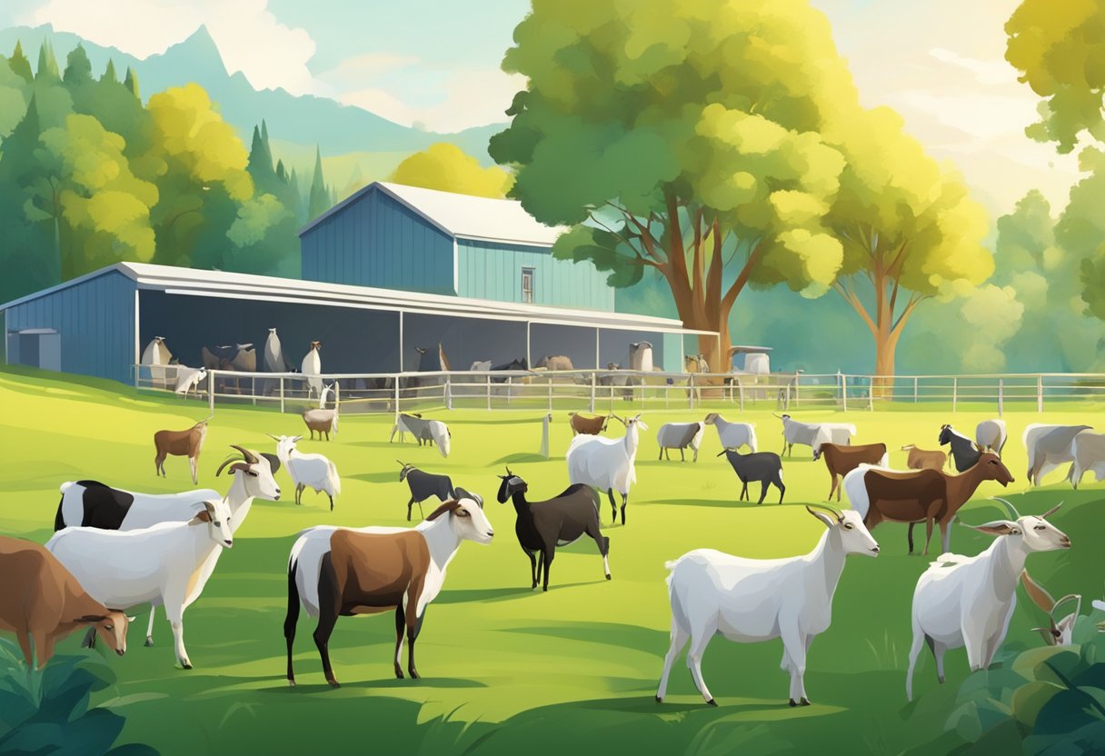 A herd of goats graze in a lush pasture, with a mix of breeds present. Some goats are being milked in a modern, well-equipped facility, while others rest in the shade