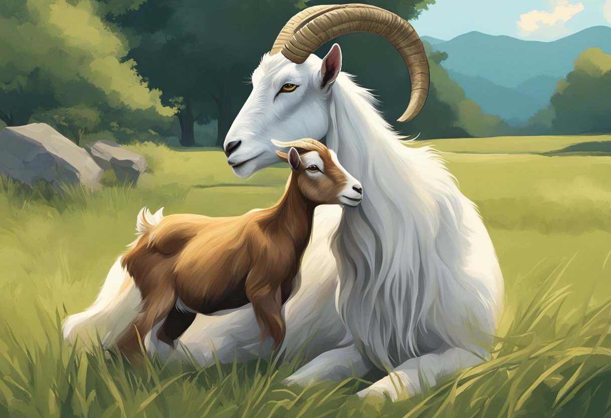 Goats mating in a pasture, with a male goat mounting a female goat