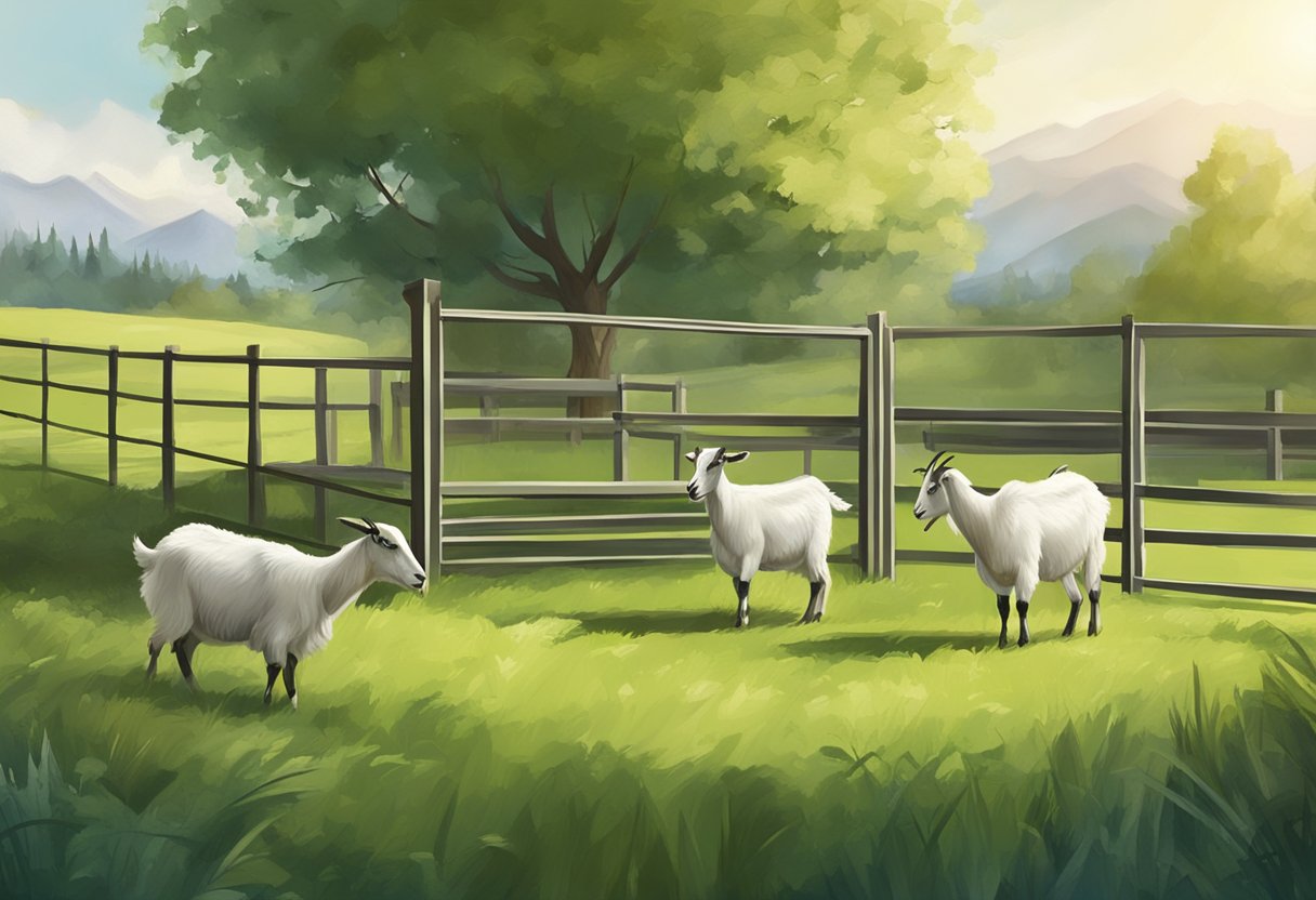 Goats grazing in a spacious, green pasture with a clean feeding and watering area nearby. A sturdy fence surrounds the area, with a shelter for protection from the elements