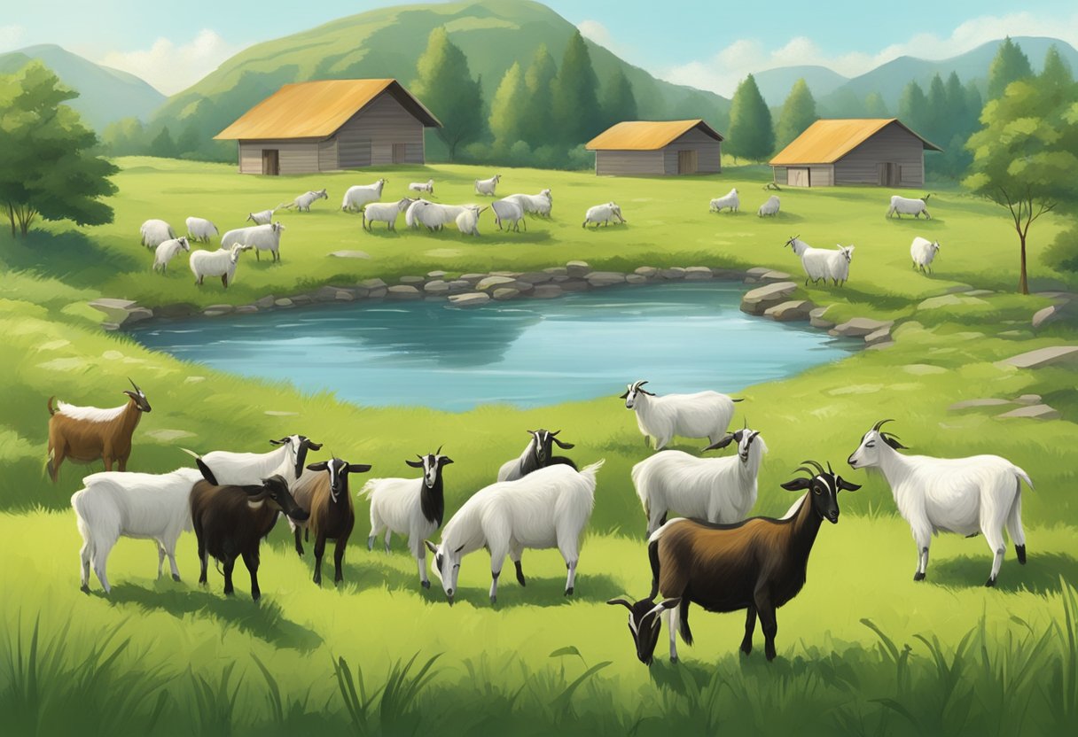 Goats grazing in a spacious, well-maintained pasture with access to clean water and shelter. A caretaker provides proper nutrition and medical care according to industry regulations and ethical standards