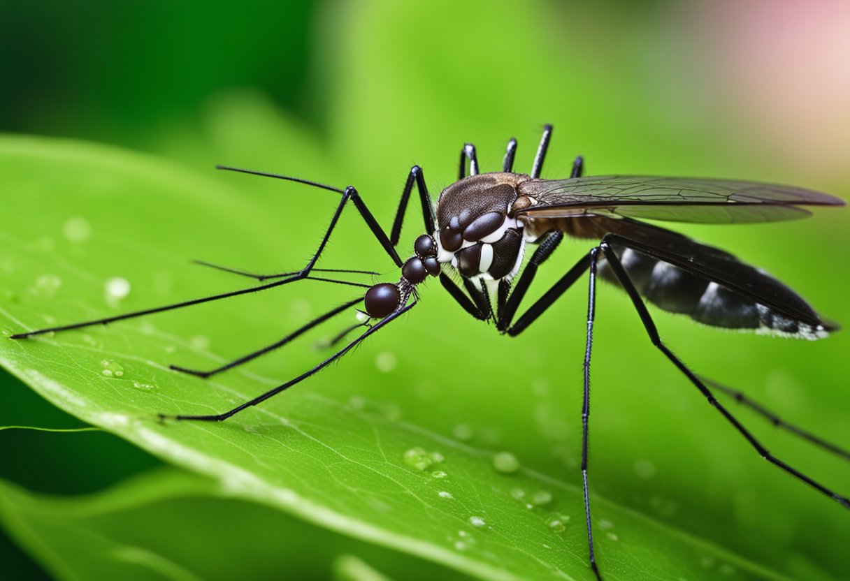 A mosquito carrying the Chikungunya virus lands on a lush green leaf, ready to infect its next victim